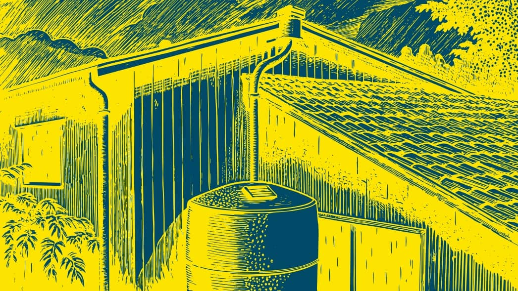 A wood carving illustration of a rainwater collection tank.